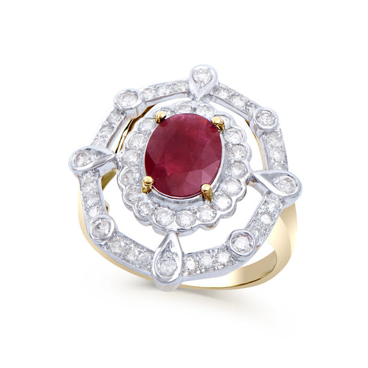 3.07 Cts Certified Diamonds & African Ruby 14K Yellow Gold Designer  Ring Size 7.5