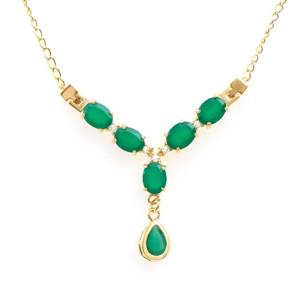 6.35 Tw Cts Green Agate And White Topaz 18K Gold Plated Designer Necklace Size 19 Inches