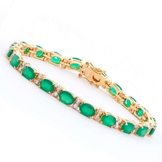 12.54 Tw Cts Green Agate & Diamonds 18K Gold Plated Bracelet Size 7.9 Inches