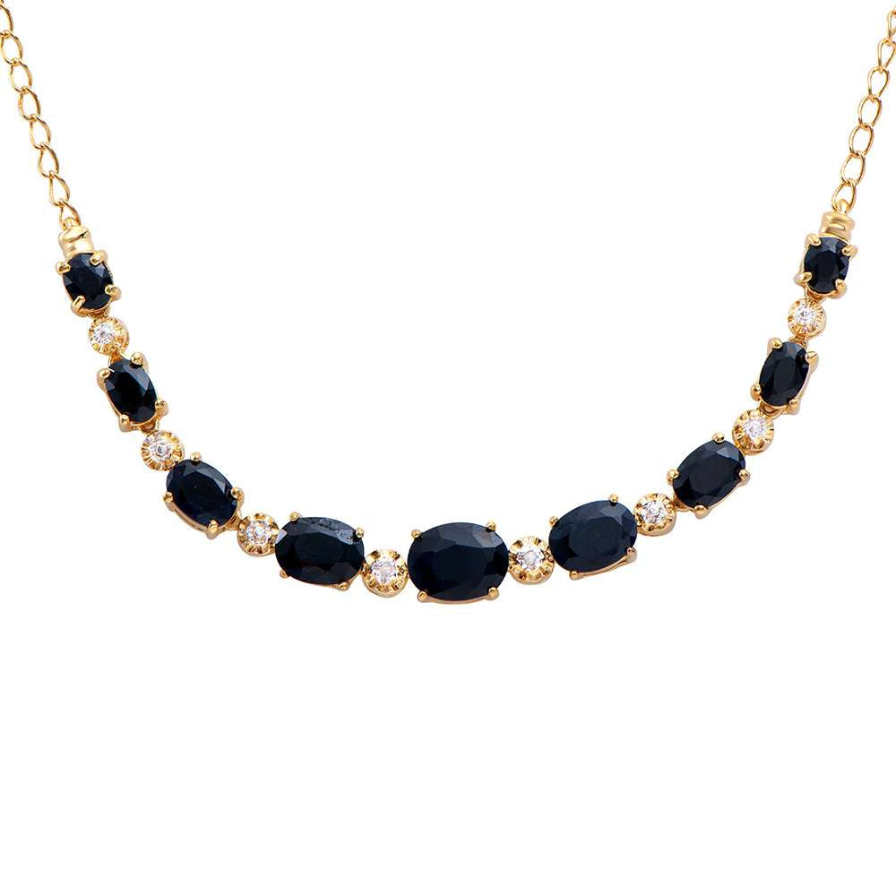 8.92 Tw Cts Black Sapphire & Diamonds 18K Gold Plated Designer Necklace Size 19 Inches