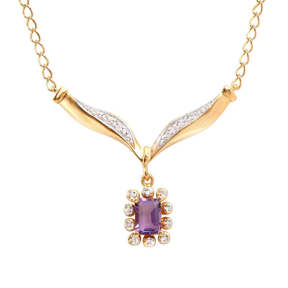 0.93 Tw Cts Amethyst & Diamonds 18K Gold Plated Designer Necklace Size 19 Inches