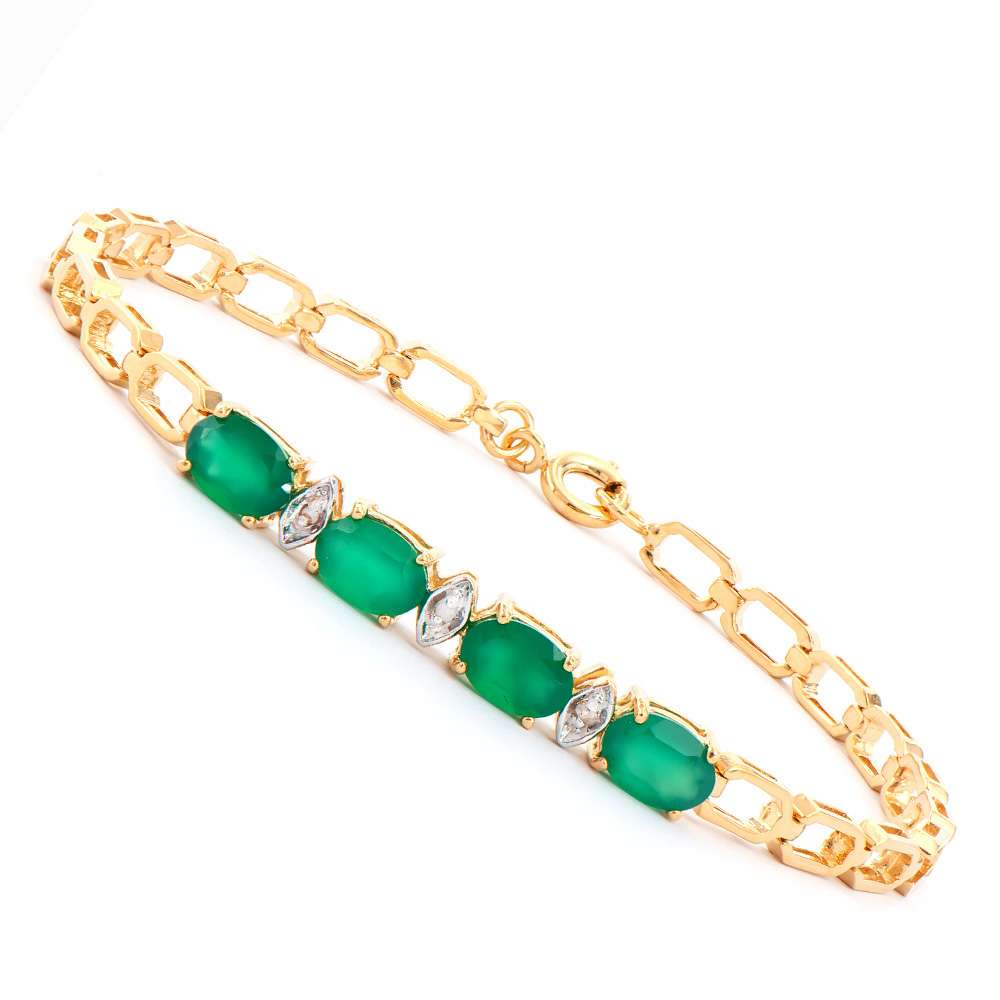 3.03 Tw Cts Green Agate & Diamonds 18K Gold Plated Designer Bracelet Size 7.25 Inches