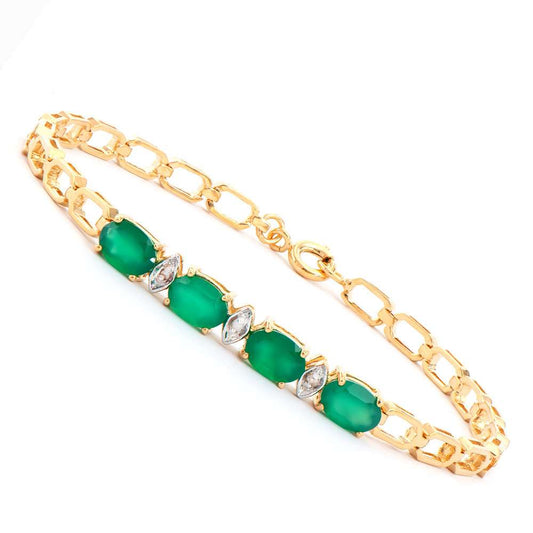 3.03 Tw Cts Green Agate & Diamonds 18K Gold Plated Designer Bracelet Size 7.25 Inches