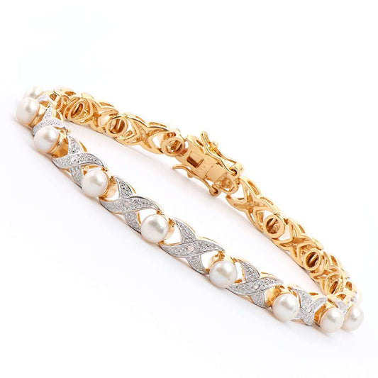 6.18 Tw Cts Pearl & Diamonds 18K Gold Plated Designer Bracelet Size 7.8 Inches